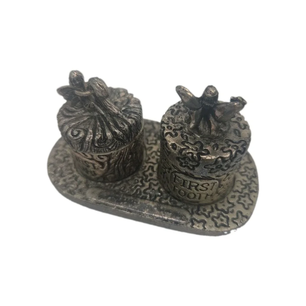 First Tooth & First Curl VINTAGE BabyKeepsake Boxes Set Pewter Fairy Theme